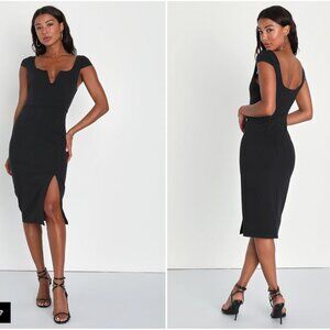 Flawless Allure Black Notched Cap Sleeve Bodycon Midi Dress